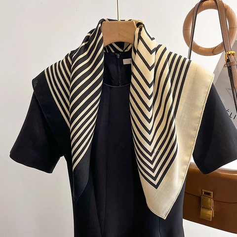 Women Square Scarf Polyester Satin Feel Geometric Stripe Pattern Bandana French Style Elegant Neck Scarf For Fashion Commuting