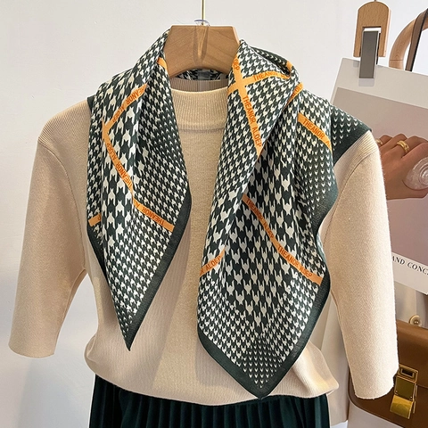 Houndstooth Pattern Square Faux Satin Scarf Women Vintage Stripe Print Elegant Neck Scarf Shawl Polyester Soft Satin Kerchief