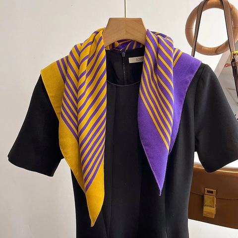 Women Square Scarf Polyester Satin Feel Geometric Stripe Pattern Bandana French Style Elegant Neck Scarf For Fashion Commuting