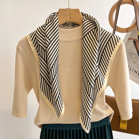Women Geometric Striped Square Scarf Polyester Satin Feel Neck Wrap Minimalist Versatile Decorative Hair Kerchief