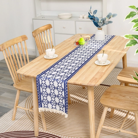 Camino de Mesa Geométrico Minimalista Moderno Con Borlas Azul Blanco De Poliéster Para Decoración De Mesa De Comedor
