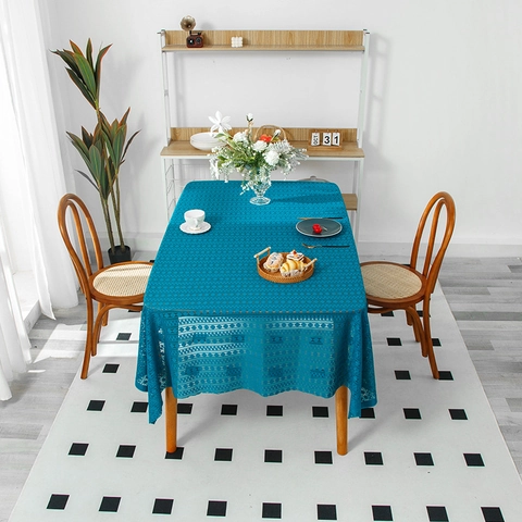 Luxurious Polyester Lace Hollow Out Tablecloth Rectangular Crochet Geometric Pattern Navy Blue Dustproof Home Dining Table Decor