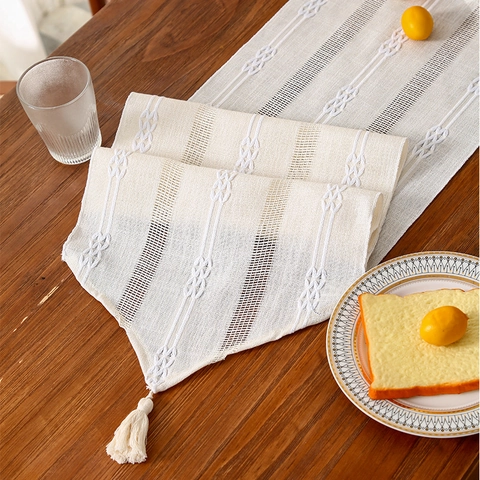 Modern Minimalist Polyester Table Runner Striped Geometric Woven Design With Tassels Nordic Style For Dining Table Decor