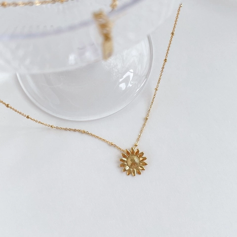 Collana Con Ciondolo Girasole E Sole Placcata Oro Acciaio Al Titanio Catena A Sfere Satellitare Gioielli Eleganti Per Donna