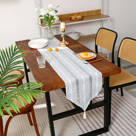 Nordic Striped Woven Table Runner With Tassels Polyester Boho Style Heat Resistant Washable Decor For Dining Table Hotel
