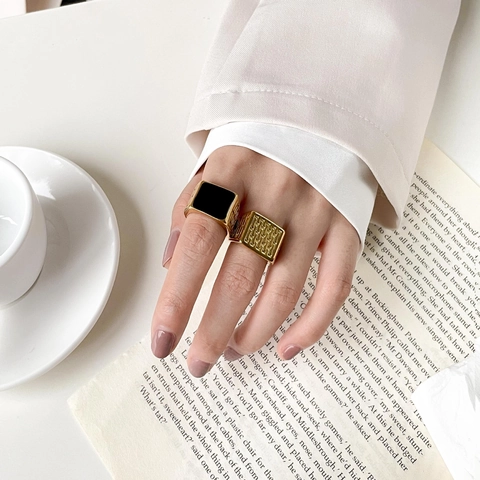 Signet Ring Stainless Steel Square Face Black Enamel Geometric Grid Retro Industrial Style Unisex Minimalist