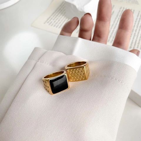 Signet Ring Stainless Steel Square Face Black Enamel Geometric Grid Retro Industrial Style Unisex Minimalist
