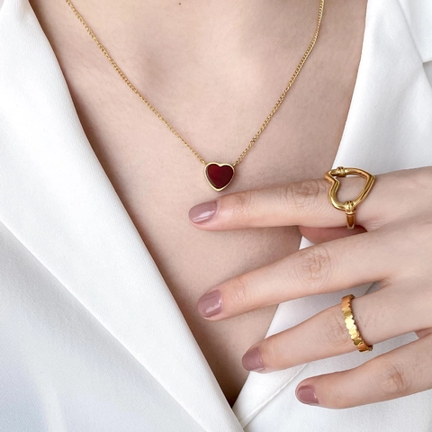 Herz Anhänger Halskette Titanstahl Vergoldet Roter Achat Weißes Katzenauge Schmuck Für Damen