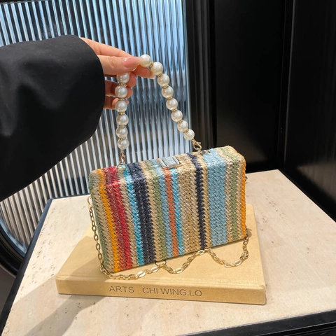 Women's Straw Woven Box Bag With Faux Artificial Pearl Handle And Metal Chain Strap Fashion Striped Crossbody Handbag For Vacation Beach