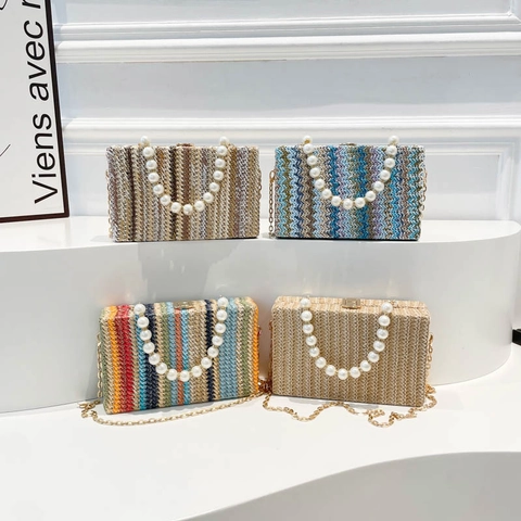 Women's Straw Woven Box Bag With Faux Artificial Pearl Handle And Metal Chain Strap Fashion Striped Crossbody Handbag For Vacation Beach
