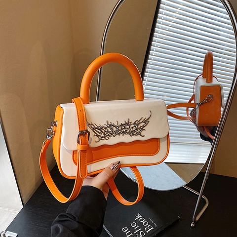 Trendy Chic Color Block PU Leather Crossbody Box Bag For Women Y2K Gothic Metal Hardware Wave Edge Handbag Shoulder Bag