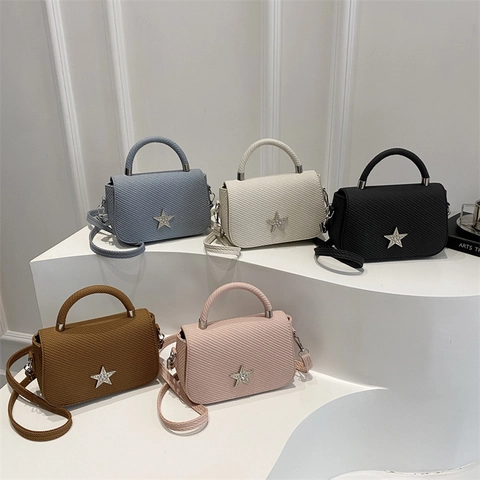 Women Woven Texture Star Rhinestone Crossbody Handbag Fashion Luxury Small Square Shoulder Bag With Top Handle