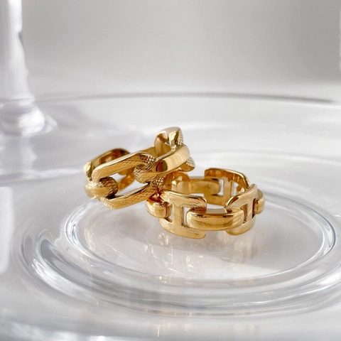 Hollow Chain Link Ring Titanium Steel Gold Plated Minimalist H Shape Textured Finger Jewelry For Women