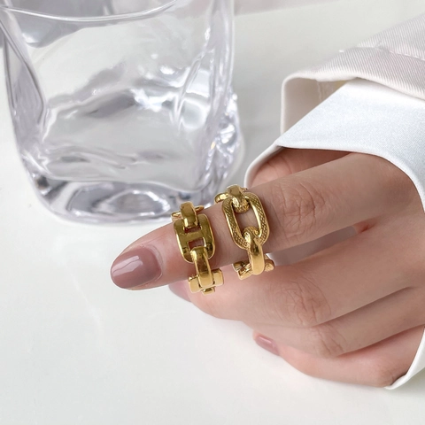 Hollow Chain Link Ring Titanium Steel Gold Plated Minimalist H Shape Textured Finger Jewelry For Women