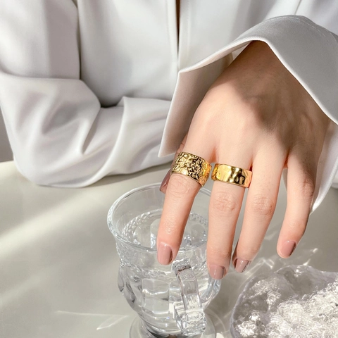 Irregular Hammered Wide Band Ring Titanium Steel Gold Plated Vintage Minimalist Crater Texture Jewelry For Women