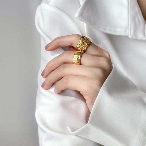 Irregular Hammered Wide Band Ring Titanium Steel Gold Plated Vintage Minimalist Crater Texture Jewelry For Women