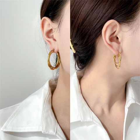 Orecchini A Cerchio Multistrato In Acciaio Al Titanio Cerchi Tondi Geometrici Gioielli Minimalisti Da Donna Lucidi