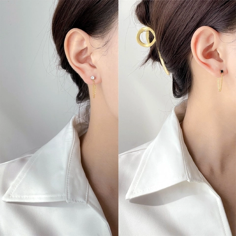 Titanstahl Zirkon Kette Quaste Stecker Ohrringe Hinten Hängend Geometrischer Minimalistischer Modeschmuck Für Damen