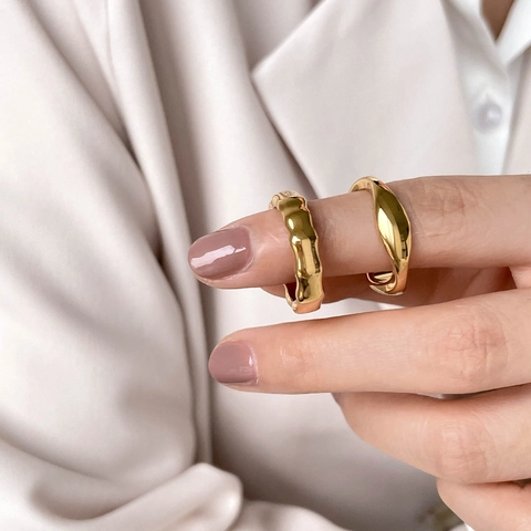 Geometrischer Ring Edelstahl Vergoldet Retro Bambusknoten Wellenmuster Nischendesign Accessoire Frauen