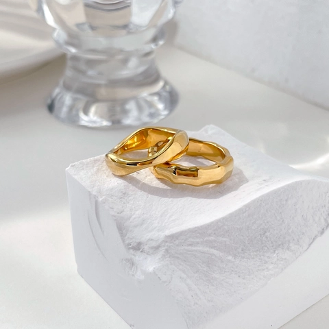 Geometrischer Ring Edelstahl Vergoldet Retro Bambusknoten Wellenmuster Nischendesign Accessoire Frauen