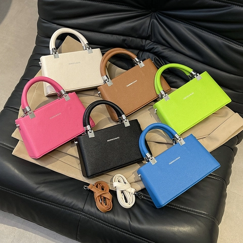 Bolso Bandolera Para Mujer Moda Cuero PU Grano Lichi Mano Con Asa Y Correa Ajustable Forma Caja Elegante