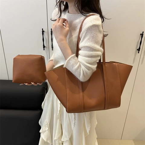 Ensemble Sac Cabas en Cuir PU Grande Capacité pour Femmes Sac à Épaule Vintage Avec Petite Pochette Sac Quotidien Style Urbain