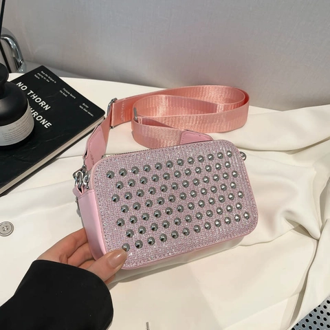 Women Crossbody Bag Small Square Camera Purse With PU Leather Metal Rivets Trendy Wide Adjustable Strap Punk Style