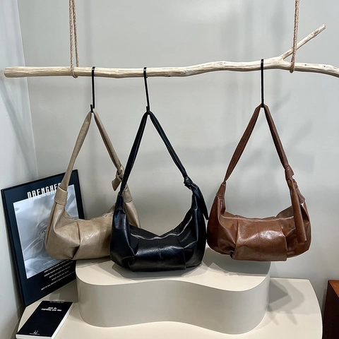 Bolso De Hombro Hobo Grande Cuero PU Suave Plisado Retro Casual Bandolera Con Correa Anudada Cierre De Cremallera Mujeres