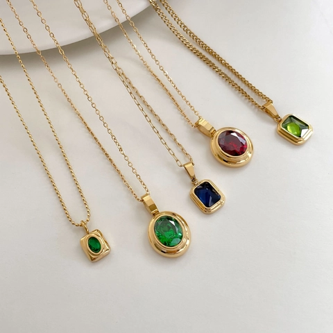Collana Con Ciondolo Geometrico Vintage Da Donna Pietra Preziosa Smeraldo Rubino Blu Acciaio Inossidabile Placcato Oro