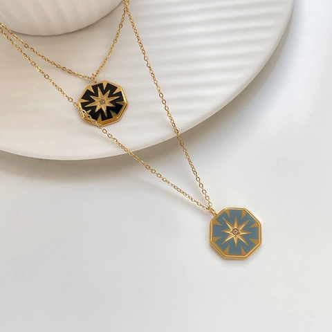Collana Con Pendente Stella Ottagonale Acciaio Inossidabile Smalto Medaglione Gioielli Vintage Minimalisti Per Donna