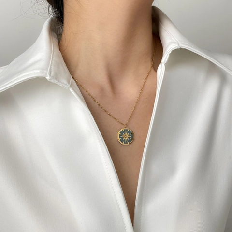 Collana Con Pendente Stella Ottagonale Acciaio Inossidabile Smalto Medaglione Gioielli Vintage Minimalisti Per Donna
