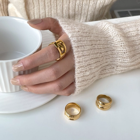 Geometric Stainless Steel Ring For Women Minimalist Hollow Buckle Double Layer Curved Surface High Polished Jewelry