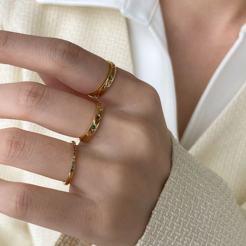 Ring For Women Titanium Steel 18K Gold Plated Colorful Zircon Rainbow Simple Japanese Style Thin Band Elegant Accessory