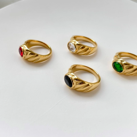 Vintage Titanium Steel Ring For Women Colorful Zircon Inlay Oval Gemstone Spiral Texture Wide Band Retro Jewelry