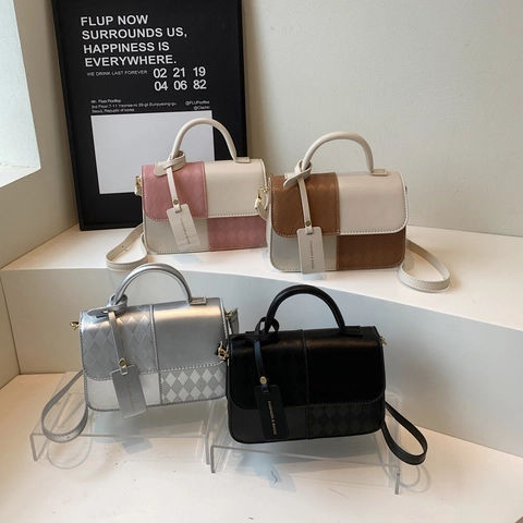 Bolso Bandolera Para Mujer Cuir PU Acolchado Color En Contraste Elegante Bolso De Mano Pequeño Con Correa Ajustable