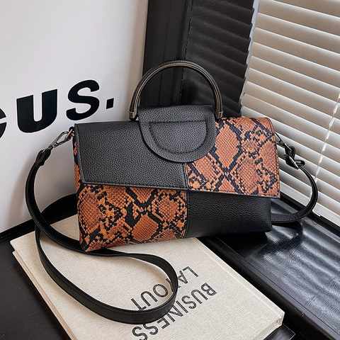 Borsa A Tracolla Da Donna Con Motivo Serpente In Pelle PU Borsa A Mano Splicing Con Manico In Metallo Fibbia Magnetica