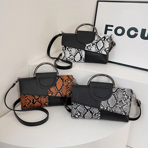 Borsa A Tracolla Da Donna Con Motivo Serpente In Pelle PU Borsa A Mano Splicing Con Manico In Metallo Fibbia Magnetica