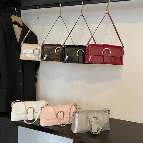 Französische Vintage Lackleder Achseltasche Für Damen Minimalistische Umhängetasche Mit Metallschnalle Tägliche Baguette