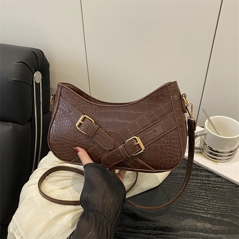 Borsa Hobo Vintage In Pelle PU Con Motivo Coccodrillo Donne Borsa A Tracolla Chic Decoro Fibbie Retro Moto Stile Mano