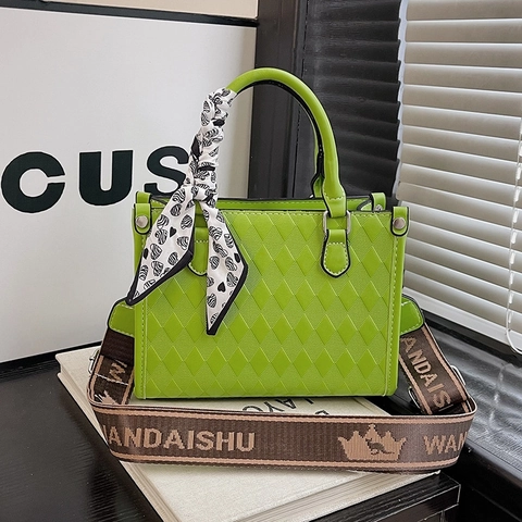 Quilted Tote Bag PU Leather Handbag With Satin Scarf Decoration And Wide Jacquard Shoulder Strap Crossbody Purse