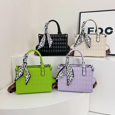 Quilted Tote Bag PU Leather Handbag With Satin Scarf Decoration And Wide Jacquard Shoulder Strap Crossbody Purse