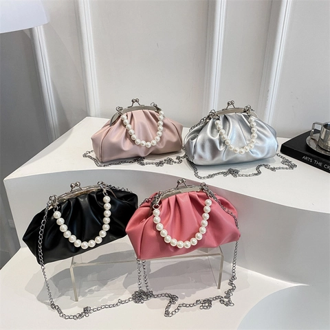 Pleated Cloud Crossbody Bag For Women PU Leather With Artificial Pearl Handle Metal Chain Strap Elegant Retro Kiss Lock Handbag