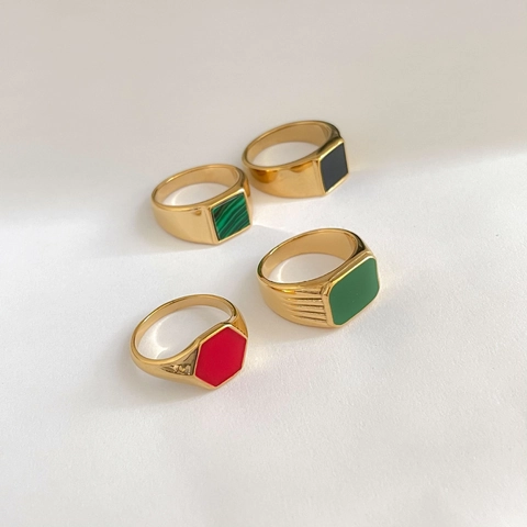 Geometrischer Siegelring Damen Vintage Vergoldeter Edelstahl Quadrat Sechseck Inlay Bunte Textur Minimalistischer Schmuck
