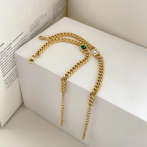 Collana Bracciale A Catena Cubana Smeraldo Quadrato Zircone Bianco Acciaio Al Titanio Gioielli Retro Stile Francese Donna