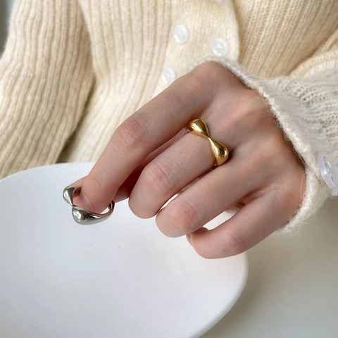 Anello Cuore Titanio Acciaio Inossidabile 3D Organico Irregolare Lucidato Stile Fluido Minimalista Gioielli Da Donna