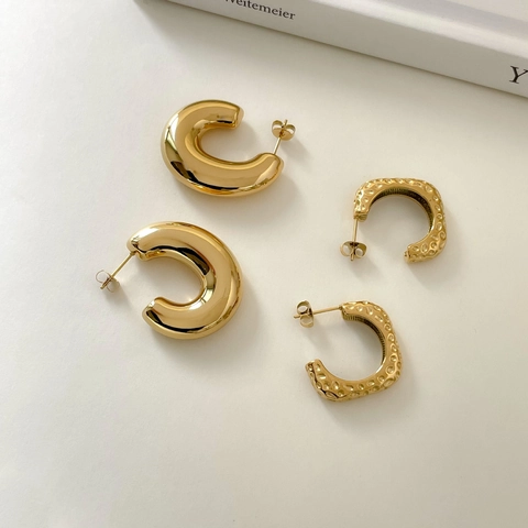 Chunky Hoop Ohrringe Edelstahl C-Form Hammerschlag Poliert Textur Vintage Minimalistisch Für Damen