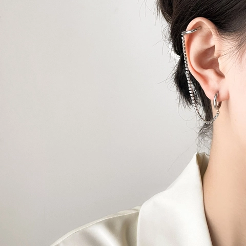 Orecchini Minimalisti In Acciaio Inossidabile Per Doppio Foro Con Catena In Zircone Che Collega Ear Cuff E Cerchio Per Donna