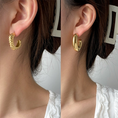 Chunky Hoop Ohrringe Edelstahl C-Form Hammerschlag Poliert Textur Vintage Minimalistisch Für Damen