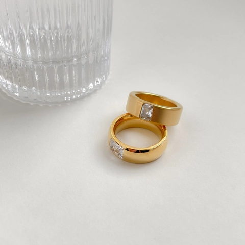 Geometric Square Zircon Gold Plated Titanium Steel Ring Minimalist Matte Polished Stackable Statement Finger Jewelry