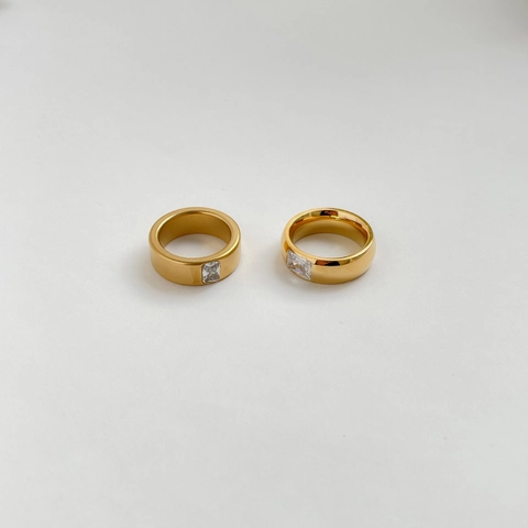 Geometric Square Zircon Gold Plated Titanium Steel Ring Minimalist Matte Polished Stackable Statement Finger Jewelry